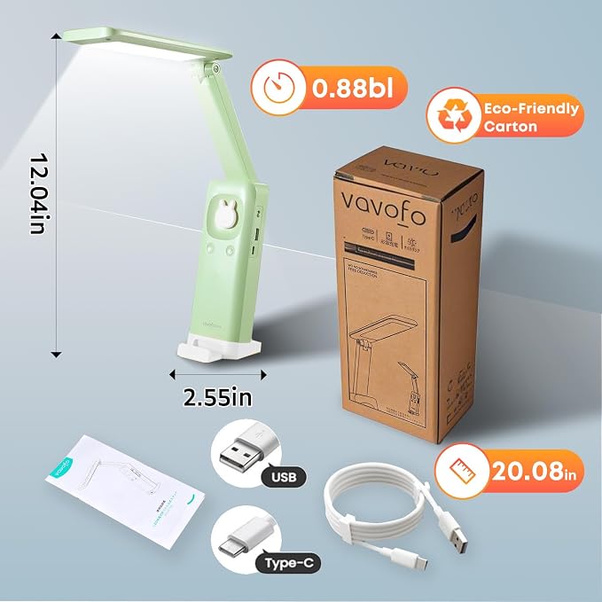VAVOFO Cute Bunny Desk Lamp, Foldable LED Rechargeable Eye-Caring Reading Light, 3 Color Modes Dimmable Night Light for Kids Girls Bedroom Study Dorm Room (Mint Green)