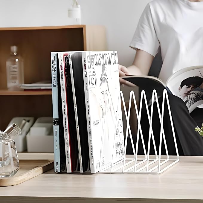Sooyee 9 Slot White Magazine Holder, Desktop File Sorter Organizer Triangle Bookshelf Decor for Home Office, Iron Wire, 10.2" L x 7" W x 6.9" H