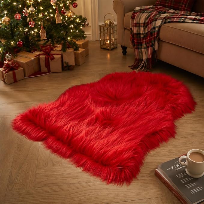 EasyJoy Ultra Soft Faux Fur Rug Fluffy Sheepskin Rug for Bedroom Living Room Sofa Bedside Floor(2 x 3 ft Sheepskin, Red)