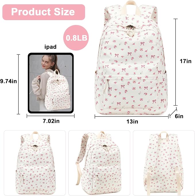 Bluboon Teen Girls School Backpack Kids Bookbag Set with Lunch Box Pencil Case Travel Laptop Backpack Casual Daypacks (Beige bow tie)