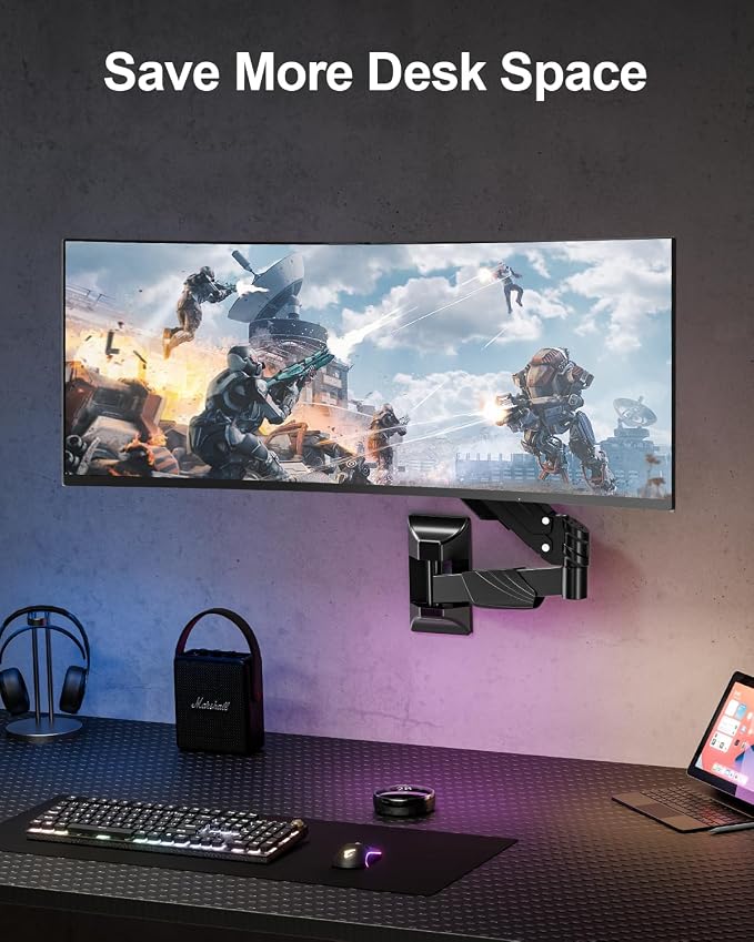 Single Monitor Wall Mount for Max 43" Holds up to 33.1lbs Screen | Wall Monitor Mount for Ultrawide Computer Screen, Height Adjustable Full Motion Gas Spring Vesa Wall Mount, Max 200x200mm