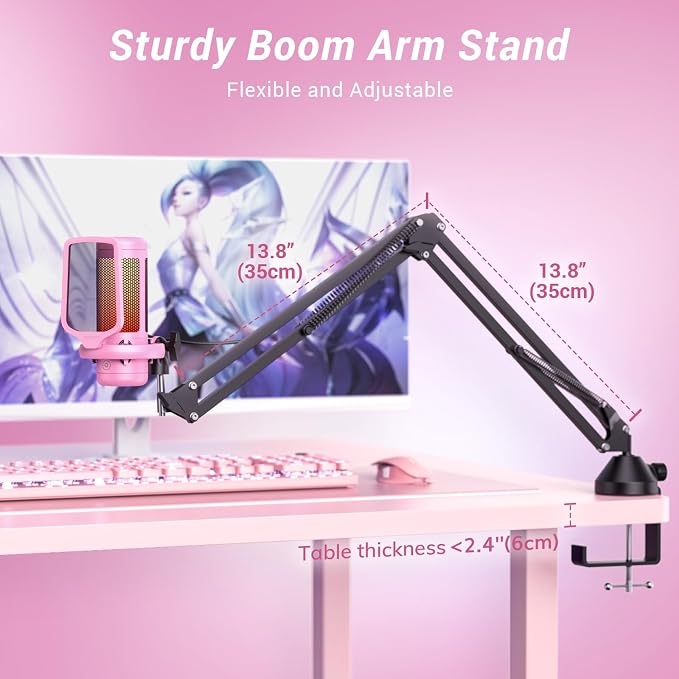 TONOR Gaming Microphone Arm Set, RGB Condenser Mic with Boom Arm, Quick Mute, Adjustable RGB Brightness, Pop Filter, Shock Mount, Gain Control for Streaming, Discord Twitch YouTube,TC310+ Pink