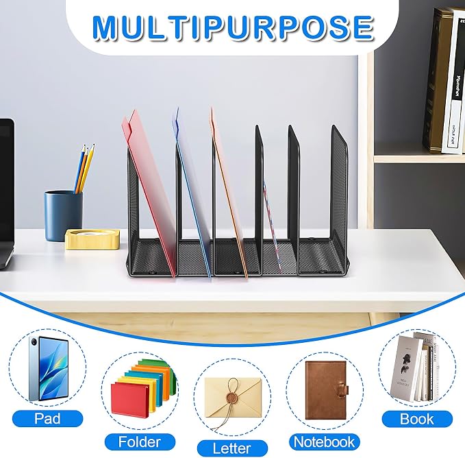 TOPCJ 5 Sections Desk File Holder/Rack/Sorter,Mesh File Organizer,File Folder Organizer,Metal Upright Desktop Organization for Documents,Magazine,Kitchenware,Antiskid,Antirust,Sturdy,1 Pack