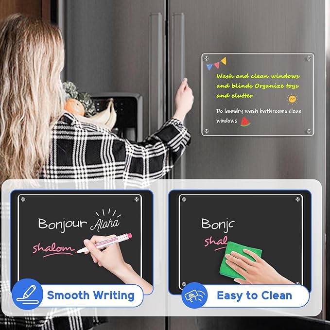WALGLASS Fridge Acrylic Board, 11"x8" Clear Magnetic Planning Board, Dry Erase Board for Refrigerator, Fridge Planner, 6 Liquid Markers