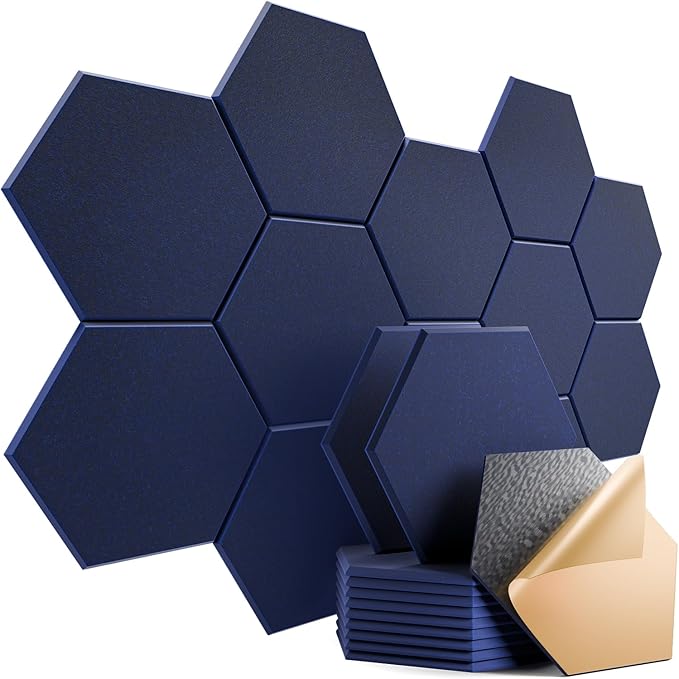 12 Pack Self-Adhesive Acoustic Panels 12" X 10" X 0.4" - Sound Proof Foam Panels with High Density, Stylish Hexagonal Design, Flame Resistant, Absorb Noise and Eliminate Echoes(Dark Blue)