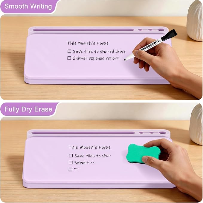 WALGLASS Small Desktop Whiteboard with Storage, Glass Desk Dry Erase White Board Computer Keyboard Stand with Drawer, Desk Organizers with Accessories for Office, Home, School Supplies Purple