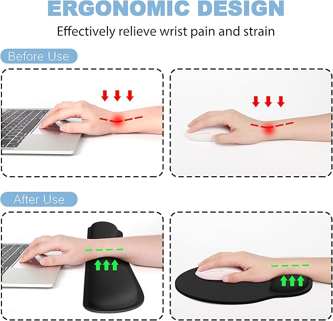 Ergonomic Mouse Pad with Wrist Rest and Keyboard Wrist Rest, Mousepad and Wrist Rest for Computer Keyboard, Pain Relief, Non-Slip Rubber Base, Mouse Pad with Wrist Support for Gaming, Office, Black
