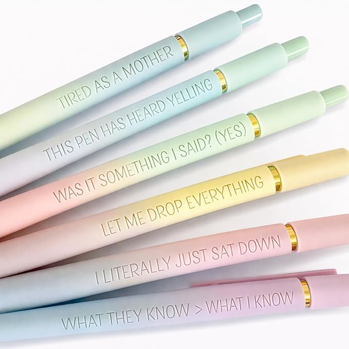 6 Pen Set｜Manic Motherhood Engraved Soft Touch Gel Pens｜Funny Mom Mothers Day Pens｜Planner Pens Office Supplies (Gold Ombre)