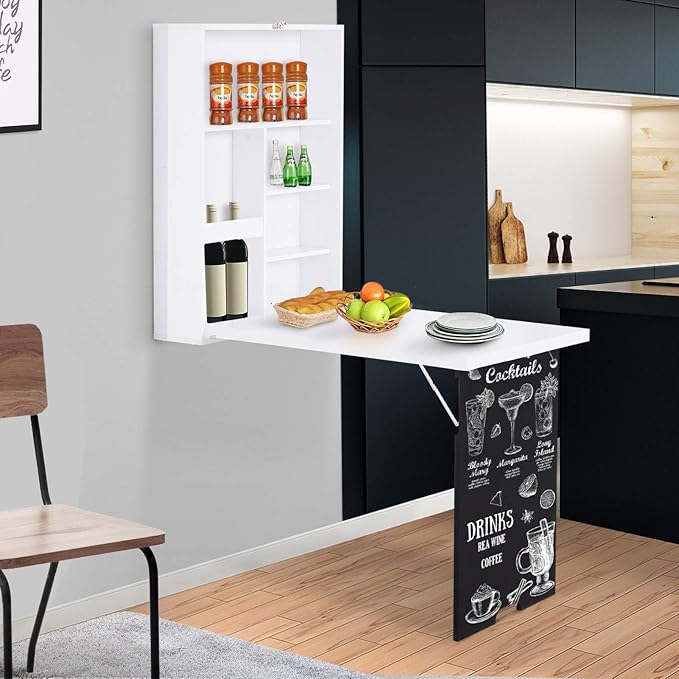 Wall Floating Desk with Storage, Foldable Hidden Desk with A Blackboard, Hideaway Fold Out Desk, Pull Out Murphy Table, Wooden Writing Table for Home Office Bedroom Small Spaces Apartment (White,)