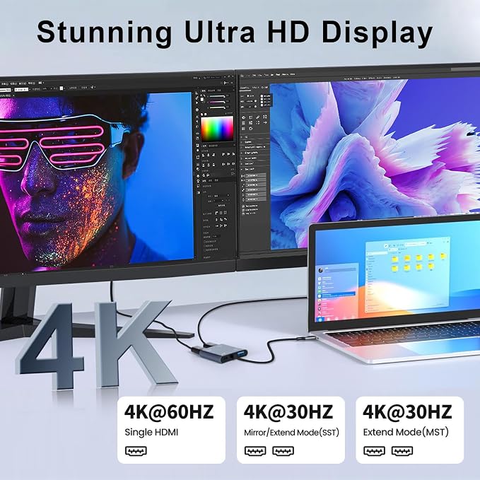 USB C to Dual HDMI Adapter, 4K@60Hz HDMI Splitter for Dual Monitors with USB 3.0, 100W PD Charging, HDMI Splitter Extended Display for MacBook Air/Pro, Dell XPS, HP, Surface, Chromebook