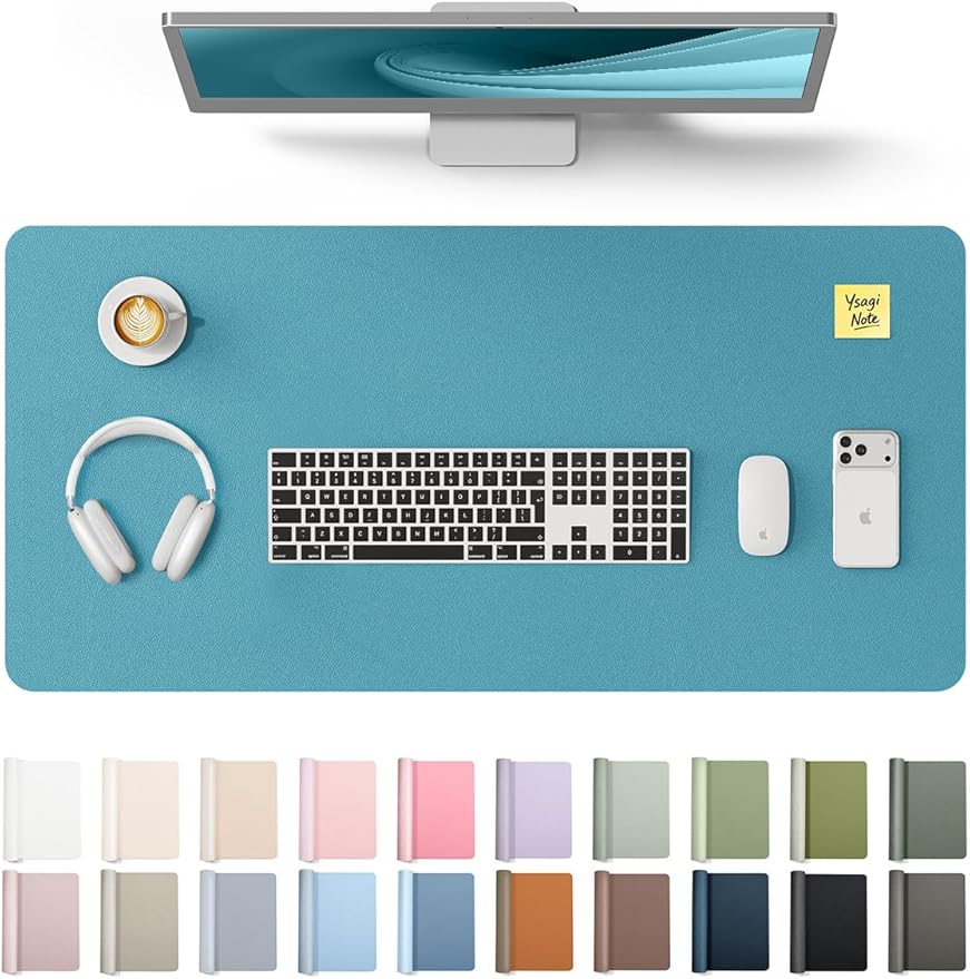 YSAGi Leather Desk Pad Protector, Office Desk Mat, Large Mouse Pad, Non-Slip PU Leather Desk Blotter, Laptop Desk Pad, Waterproof Desk Writing Pad for Office and Home (Turquoise, 35.4" x 17")