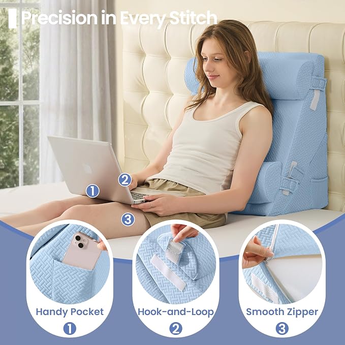 Sasttie Adjustable Wedge Pillow Set for After Surgery, Blue | 2PCS Bed Wedge Pillow Headboard with Memory Foam Neck Cushion, for Acid Reflux, Sleeping, Neck & Back Support