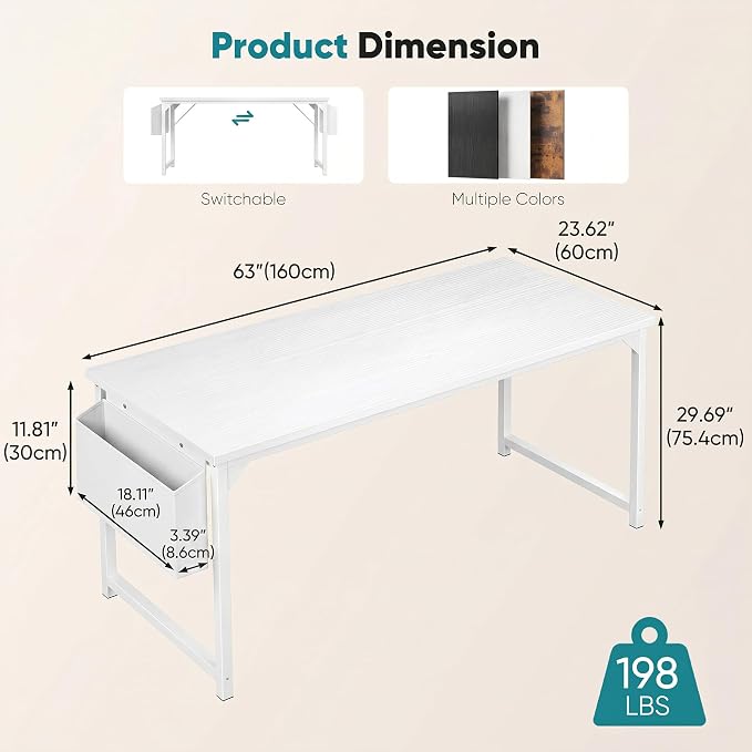 OLIXIS 63 Inch Computer Desk for Home Office, Writing Study Craft Gaming Table, Modern Computer Workstation with Storage Bag and Headphone Hook for Bedroom Small Spaces, White