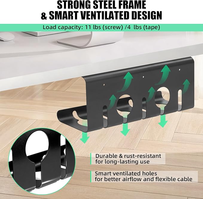 Large Metal Under Desk Cable Management Tray, 16.5"L x 4.7"W x 6.8"H, 2 Pack Under Desk Cable Tray, Wire Organizer for Power Strip, Tape Mount or Screw Mount, Easy Install Cord Raceway for Desk & Home