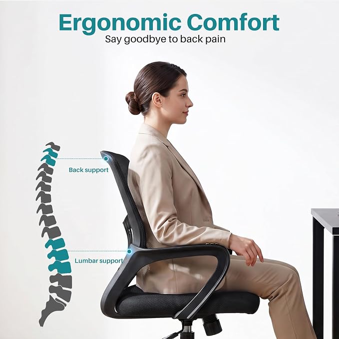OLIXIS Ergonomic Office Desk Chair, Executive Mid-Back Computer Chair with Comfortable Lumbar Support & Rocking Mode, Height Adjustable with Fixed Armrest, 360° Swivel, for Adults, Black