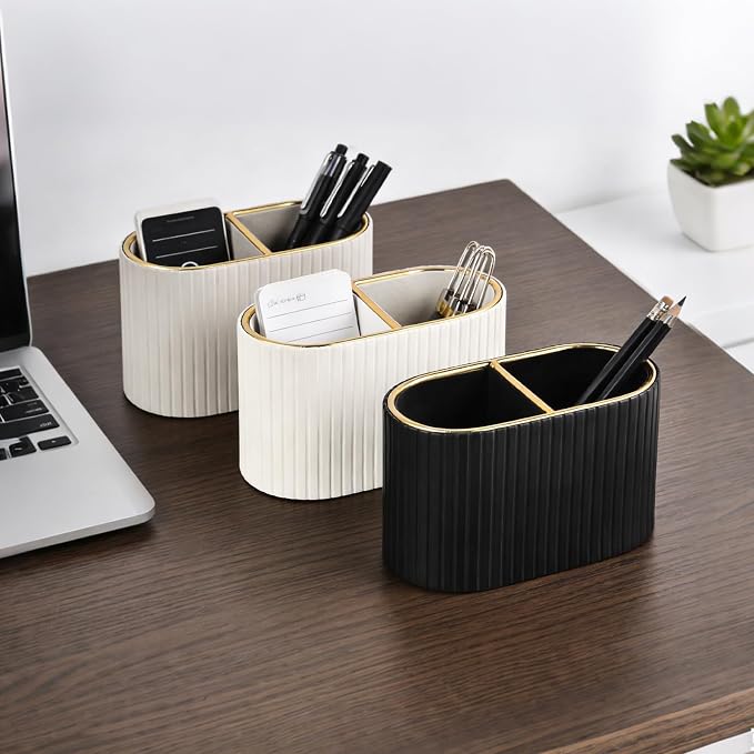 PU Leather Desk Organizer,Pen Holder,Small Remote Control Holder Pencil Cup Multifunctional Nightstand Organizer Caddy for Home School Office Desk Accessories,2 Compartments (Beige)