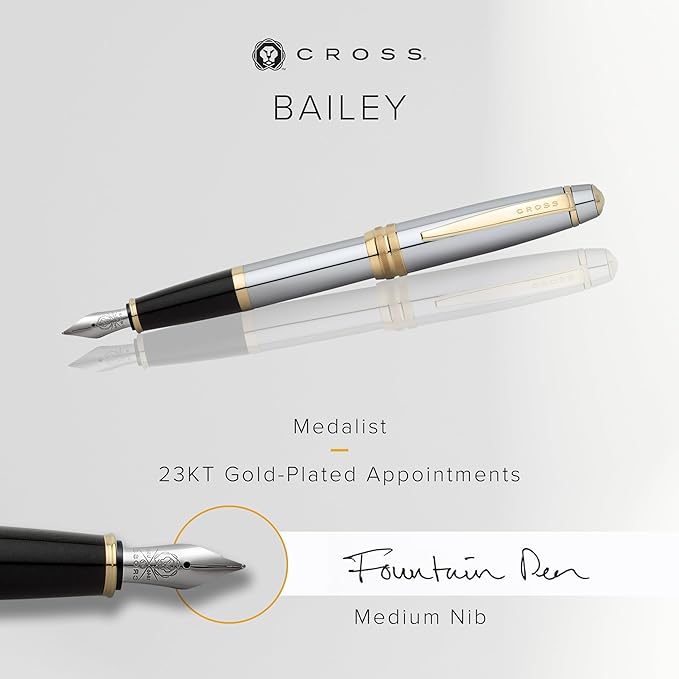 Cross Bailey Medalist Stainless Steel Medium Nib Fountain Pen - Professional Fountain Pen for Effortless Writing - Refillable - Black Ink - Gift-Ready