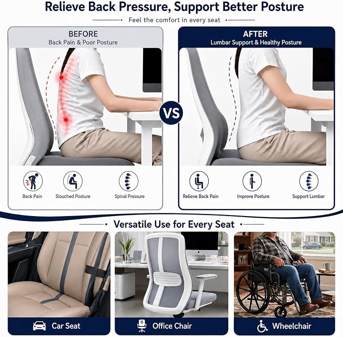 Lumbar Roll Support Pillow for Office Chair & Car 15 Inch | Lumbar Roll with Adjustable Strap, Back Support Pillow for Office Chair, Car for Relieving Back Pain & Posture Correction