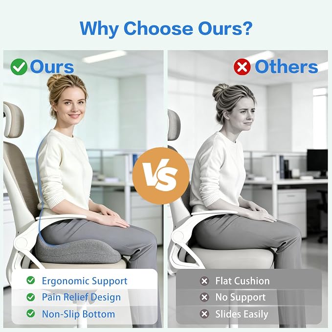 Memory Foam Seat Cushion for Sciatica & Tailbone Pain Relief – Comfort Support for Office Chair, Car Seat, Airplane, Long Sitting Workers & Drivers (Gray)