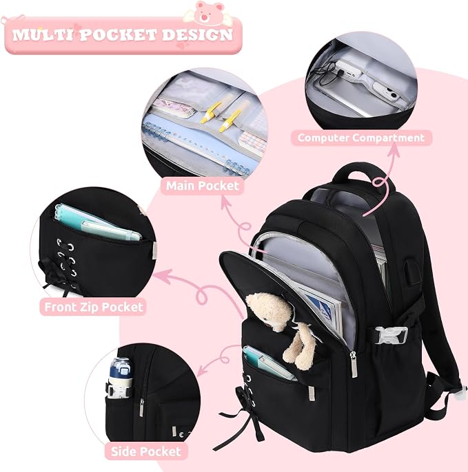 ACESAK School Backpack for Girls - 3 PCS Cute Girls Backpack with Lunch Box & Pencil Case - Kawaii Casual Kids Bookbag School Bag Daypacks Set for Elementary Middle High School Student Teens (Black)