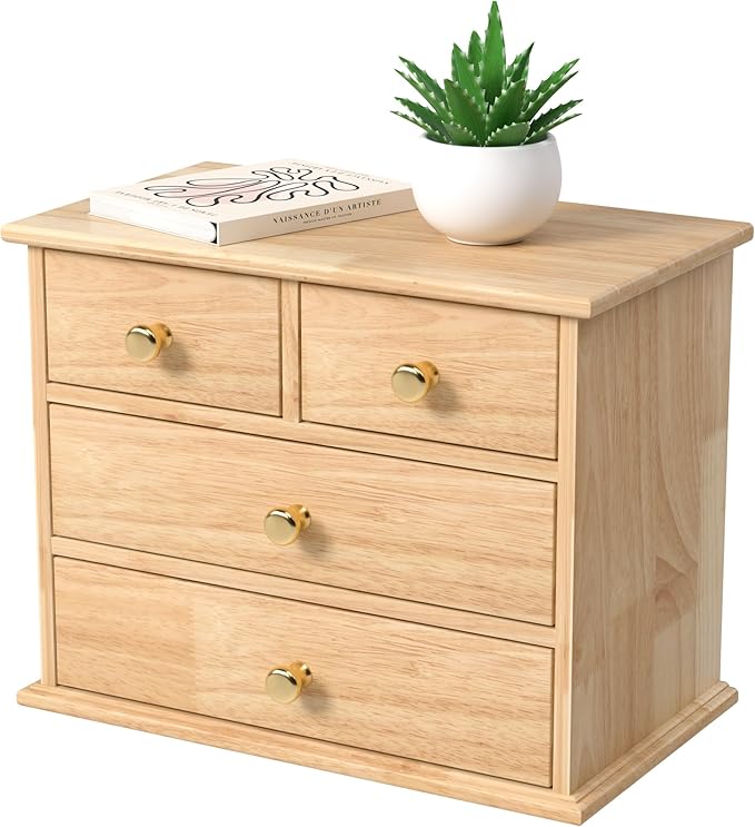 Oak Desk Organizer with Drawers, Durable Wooden Desktop Storage Box | 4 Drawer Tabletop Organizer with Metal Handles & Non-Slip Pads for Office, Bedroom, Bathroom, Vanity, Makeup Storage, Natural