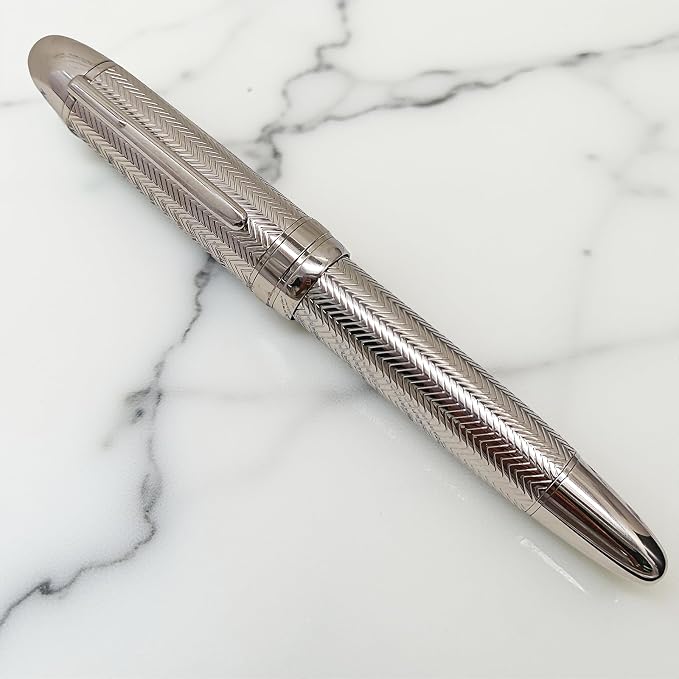 Luxury Fountain Pen, Fine Nib (F) Gold Trim Classic Executive Writing Pen,18K Gold Plated Nib, Professional Business Gift with Ink Refill Converter (Wavy Full Silver)
