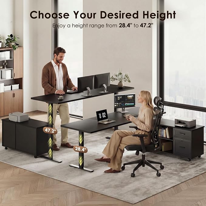 OffiGo 63 Inch L Shaped Electric Standing Desk with File Cabinet, Black | Mobile Drawers & File Cabinet for Flexible Layout, Height Adjustable Executive Stand Up Desk for Home Office Workstation