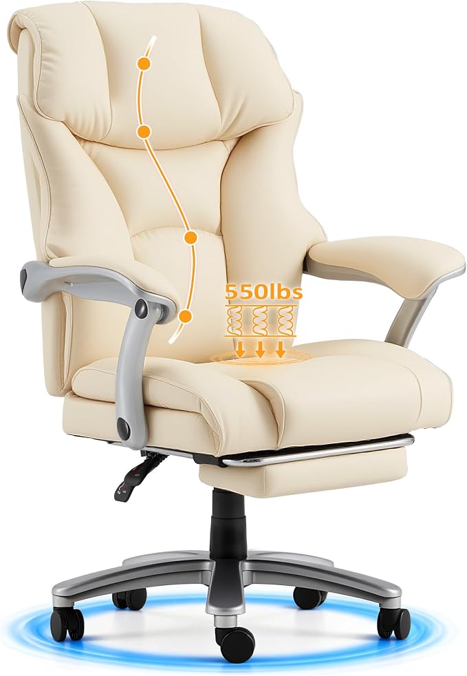 HOMREST Big and Tall Heavy Duty Office Chair 550LBS, Ergonomic Leather Executive Chair with 155° Recline, Large Back Pocket &Footrest, Computer Desk Chair for Heavy People, Beige