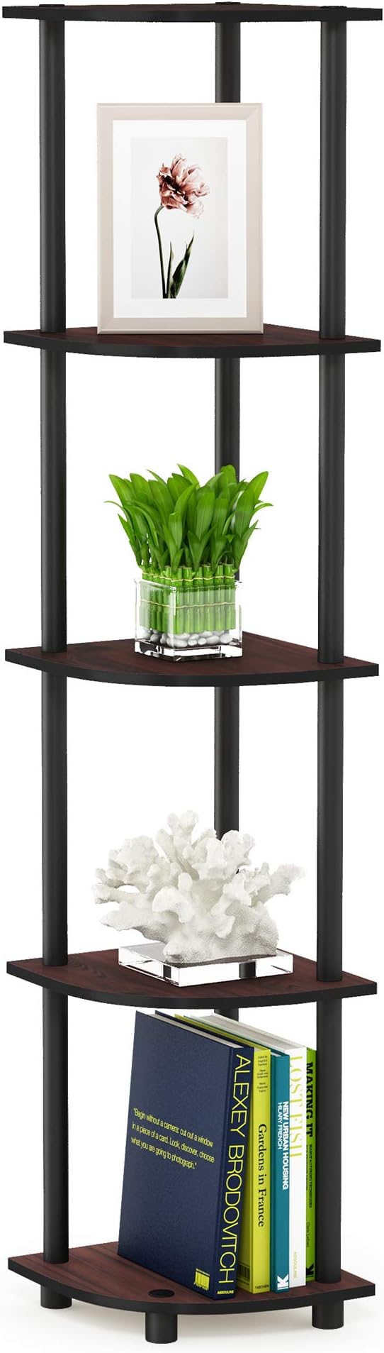 Furinno TURN-N-TUBE Corner Shelf Set of 2, 5-Tier Corner Bookshelf, Open Storage Shelves, for Organization and Storage, Living Room, Home Office, Garage, Dark Cherry