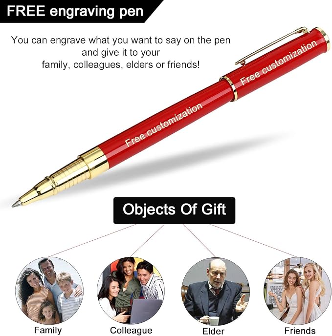 1314 Free Engraving pen Personalized custom pens Roller Ballpen, Ballpoint pen, Ball pen, Medium Refill Pen Black Ink, Custom Gifts for Men, Women, Classy Gift Box (Red Style 1)