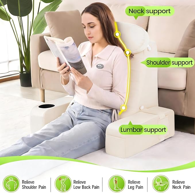 Reading Pillow for Adults, Back Pillow for Bed Sitting Up, Backrest Pillow for Sitting in Bed, Detachable Arms with Built-in Cup & Phone Caddy (Beige, 21 INCH)