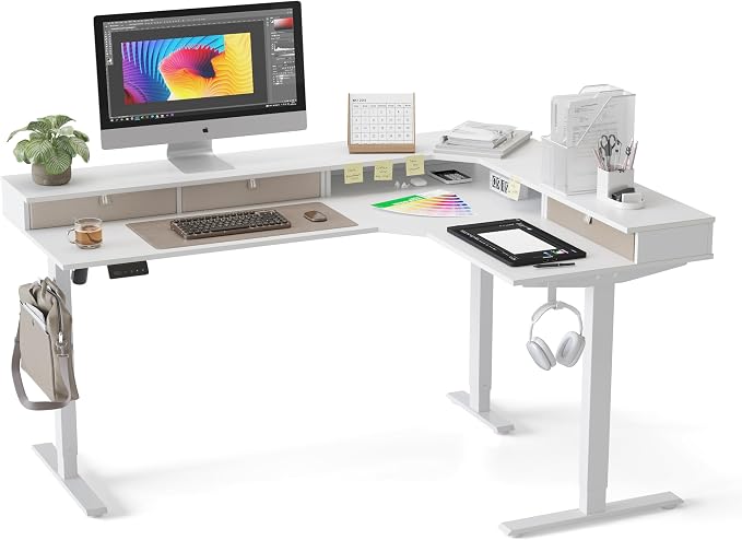 CubiCubi L Shaped Standing Desk with Drawers 63 x 48 Inch Adjustable Height, Electric Corner Desk with Storage, Sit Stand Home Office Desk with Splice Board, White