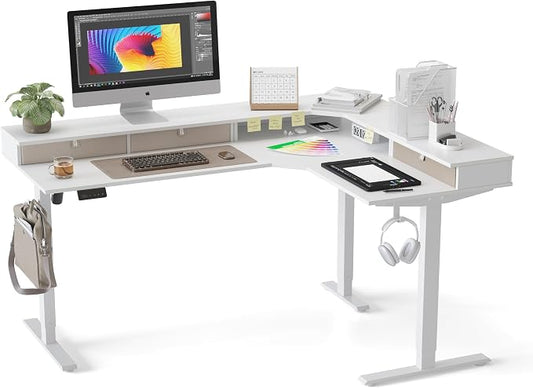 CubiCubi L Shaped Standing Desk with Drawers 63 x 48 Inch Adjustable Height, Electric Corner Desk with Storage, Sit Stand Home Office Desk with Splice Board, White