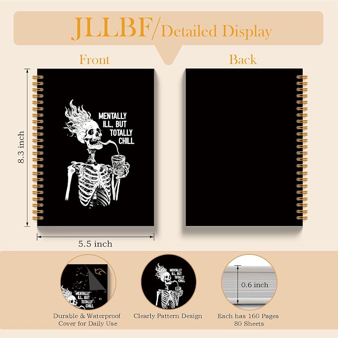 JLLBF Funny Coffee Skeleton Spiral Notebook, Gothic Skull Notebooks for Work, Goth Office Supplies, Mentally Ill But Totally Chill Mental Health Journal Notebook, 5.5x8.3 Inch