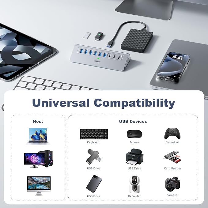 Powered USB Hub 10Gbps, intpw YH6AC 9-Port USB 3.2 /USB C Hub with USB A/USB C 3.2, 4 USB 3.0, 2 PD 45W Charging Port, 65W Power Adapter + 5FT Cable, Aluminum USB Hub for PC, iPhone 17/16/15/Laptop