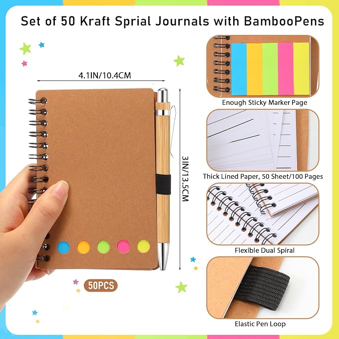Chuangdi 50 Sets Lined Spiral Notebooks with Sticky Notes and Bamboo Pens, Back-to-school Supplies for Office Teacher Staff, Kraft Notebook with Pen Set Bulk for Employee