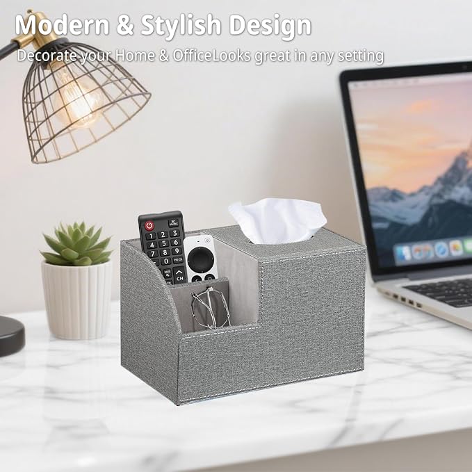 Square Tissue Box Cover with Storage, PU Leather Cube Tissue Box Holder, Remote Control Nightstand Organizer, Modern Desk Caddy for End Table, Bathroom, Bedroom, Home, Office Decor(Grey) | TV Remote Control Holder, Desk Accessories Nightstand Organizer...