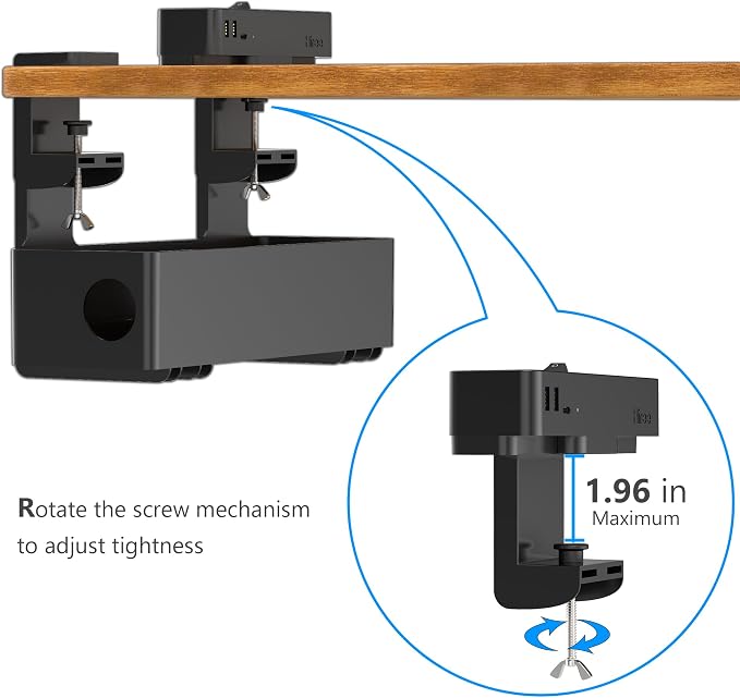 Hiree Under Desk Cable Management Tray with Power Strip, 8 AC Outlets, 2 USB Ports & 1 USB-C Port, Clamp Mount Desk Cable Organizer, No Drill Cord Management Tray for Standing Desk, Home Office（Black）
