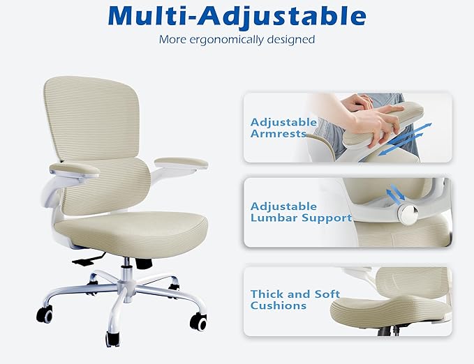 TRALT Ergonomic Office Chair - Desk Chair with Adjustable Lumbar Support Computer Chair - Mesh Comfy Chair with Flip-up Armrests - Gaming Chairs for Adults Home Office (Leather, Beige)