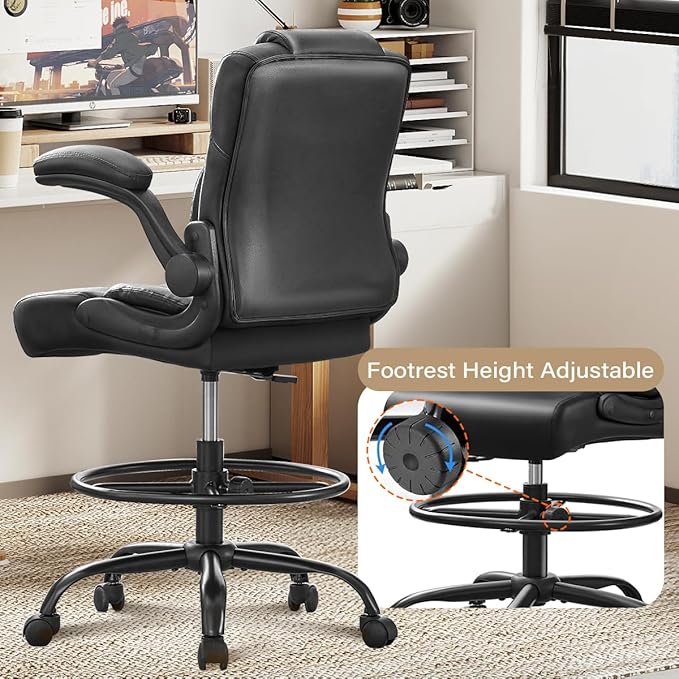 500 lbs Drafting Chair Tall Office Chair with Flip-up Armrests for Standing Desk Executive Ergonomic Computer Leather Desk Chair with Lumbar Support, Adjustable Foot Ring for Home or Drawing Use