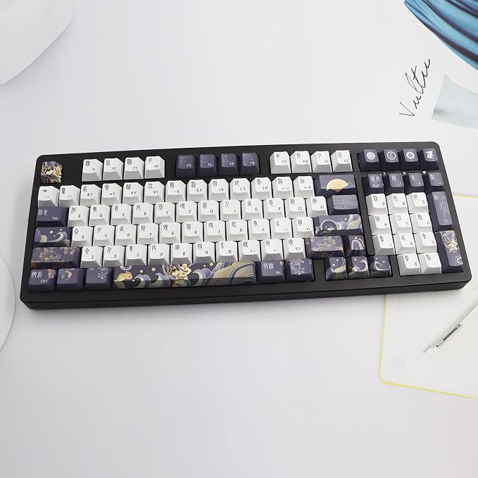 JSJT PBT Keycaps 136 Keys Cherry Profile Keycap Set Chang'e and Rabbit Themed Keycap Ancient Style Zang Blue Custom Key caps Suitable for Cherry MX Switches Mechanical Keyboards