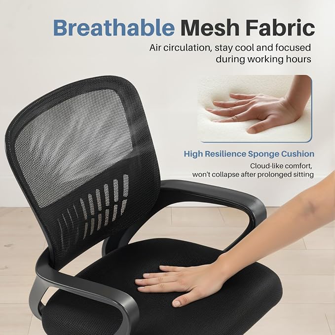 DUMOS Home Office Desk Chair - Ergonomic Mid Back with Lumbar Support & Rocking Mode, Height Adjustable with Fixed Armrest, for Conference, Computer, Meeting Room, 360° Swivel, Adults, Black