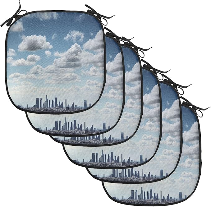 Lunarable United States Chair Cushion Pads Set of 6, Downtown Los Angeles Skyline Under The Summer Sky with Scenic Fluffy Clouds, Anti-Slip Seat Padding for Kitchen & Patio, 16"x16", Blue White