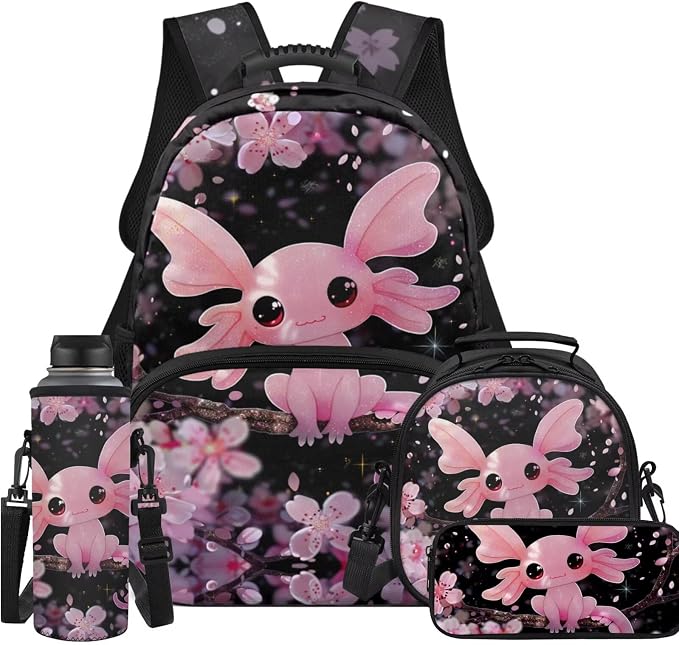 Ystardream Elementary Backpack and Lunch Bag Set for Girls Kindergarten School Funny Axolotl Bookbags with Side Pockets for Water Bottles with Soft Pencil Case & Water Bottle Sleeve for Student