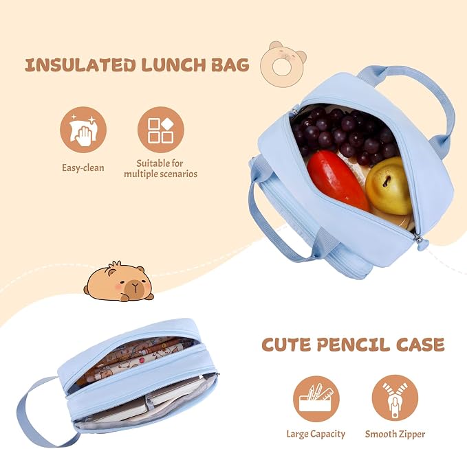 Capybara Backpack for Girls with Headphones - 4PCS Girls Backpack for Kindergarten Elementary Middle High School Travel - 3.5mm Wired Headphones Backpacks Back to School Gift(Blue)