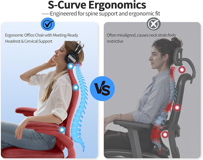 TRALT Ergonomic Office Chair- Desk Chair with Adjustable Lumbar Support | Big and Tall Back Ergonomic Desk Chair - Home Office Mesh Chairs and PU Leather Seat for Home Reading to Adults(Red)
