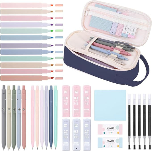SKYDUE Cute School Supplies Kit, 38 PCS Aesthetic Stationery Set with Large Pencil Case, Pens, Mechanical Pencils, Highlighters & Sticky Notes for School, College