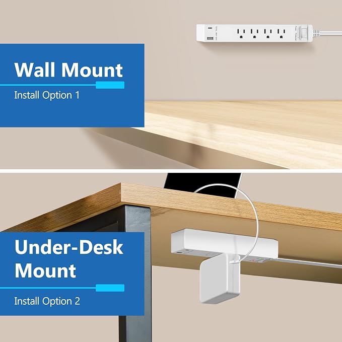 LIDER PD 36W Surge Protected Outlet Extender, 4-Outlet Power Strip, USB-A & USB-C, 5ft, Up to 1500J, LED Indicator, ON/Off Switch, Flat-Plug, 45-Degree Angle, 1250W, ETL Listed, Matte White