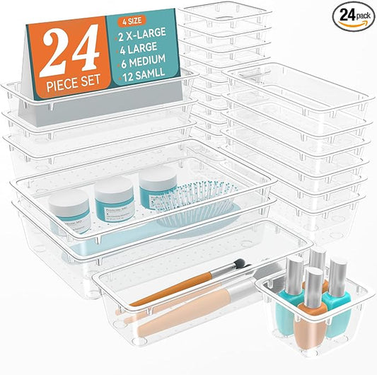 ElegantArray 24 PCS Drawer Organizer Set, 4 Sizes Tool Storage Trays, Clear Plastic Makeup Vanity Organizer and Storage Bins for Makeup, Stationeries, Multiple Gadgets for Bathroom, Office, Bedroom