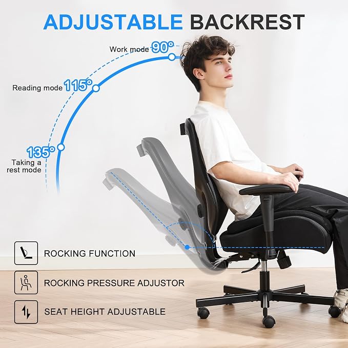 Office Chair with Ergonomic Lumbar Support and Mesh Back for Home Office, Desk Chair with Wide Seat and Adjustable Arms for Computer Desk, Computer Chair with Rocking Backrest and Wheels for Work
